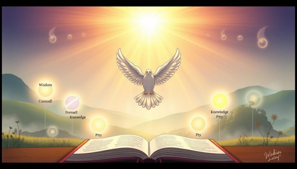 A beautifully illustrated scene depicting the Seven Gifts of the Holy Spirit, arranged in a harmonious layout. In the foreground, a radiant dove symbolizes the Holy Spirit, surrounded by seven distinct gifts represented as glowing, ethereal orbs, each labeled with their respective names: Wisdom, Understanding, Counsel, Fortitude, Knowledge, Piety, and Fear of the Lord. In the middle ground, a serene landscape features a soft, heavenly light filtering through a gentle mist, enhancing the sense of divine presence. In the background, subtle, abstract representations of biblical symbols like the olive branch and flames symbolize peace and strength. The mood is tranquil and uplifting, evoking a sense of spiritual enlightenment. The lighting is soft and warm, with a focus on the gifts to highlight their significance. The scene is captured from a slightly elevated angle to showcase both the gifts and the surrounding peaceful environment. A beautifully illustrated scene depicting the Seven Gifts of the Holy Spirit, arranged in a harmonious layout. In the foreground, a radiant dove symbolizes the Holy Spirit, surrounded by seven distinct gifts represented as glowing, ethereal orbs, each labeled with their respective names: Wisdom, Understanding, Counsel, Fortitude, Knowledge, Piety, and Fear of the Lord. In the middle ground, a serene landscape features a soft, heavenly light filtering through a gentle mist, enhancing the sense of divine presence. In the background, subtle, abstract representations of biblical symbols like the olive branch and flames symbolize peace and strength. The mood is tranquil and uplifting, evoking a sense of spiritual enlightenment. The lighting is soft and warm, with a focus on the gifts to highlight their significance. The scene is captured from a slightly elevated angle to showcase both the gifts and the surrounding peaceful environment.