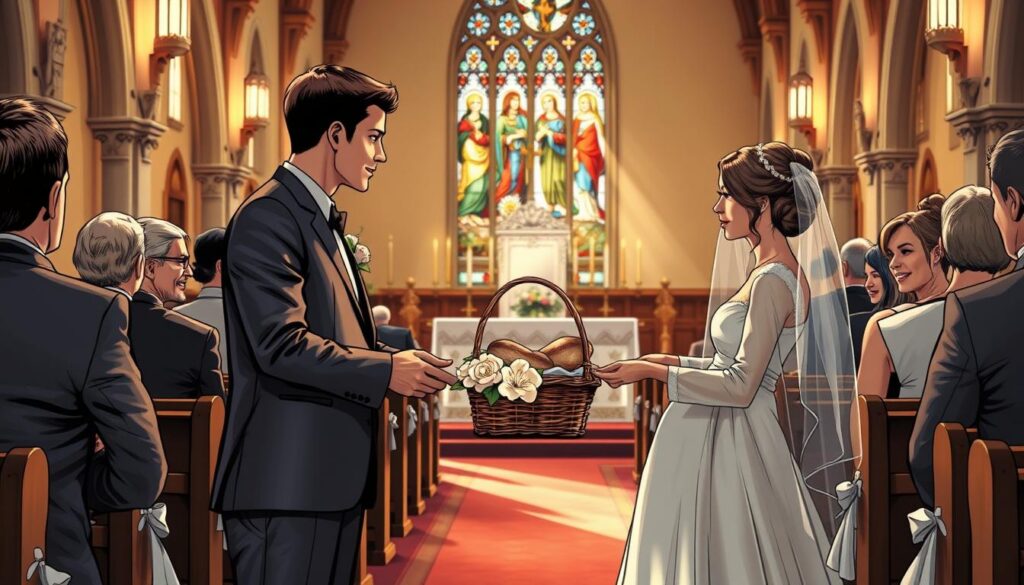 A beautifully organized Catholic wedding scene inside a quaint church, focusing on the moment when two individuals, dressed in formal attire, bring up the gifts to the altar. The foreground features a young couple, a man and a woman, both in elegant, modest outfits, presenting a basket filled with bread and wine. The middle ground captures the altar adorned with soft white flowers and candles flickering warmly, symbolizing the sanctity of the occasion. In the background, guests seated in rows, their faces reflecting joy and reverence, while soft rays of sunlight filter through colored stained glass windows, creating a serene and uplifting atmosphere. The scene is illuminated with warm, inviting lighting, enhancing the intimate and spiritual mood of the wedding ceremony.