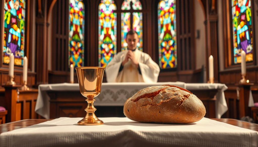 A beautifully set altar during a Catholic Mass, featuring traditional elements like a wooden altar table adorned with a white linen cloth. In the foreground, a golden chalice filled with deep red wine and a loaf of fresh, rustic bread, adding warmth and richness. The middle ground showcases a priest in modest attire, reverently preparing to present the gifts, embodying a sense of solemnity. Soft, warm lighting cascades from stained glass windows in the background, casting colorful reflections, infusing the scene with an ethereal glow. The atmosphere is peaceful and reflective, inviting contemplation and reverence for the sacred act taking place. Capture this moment from a slightly elevated angle, emphasizing the gifts and their significance in the ritual.