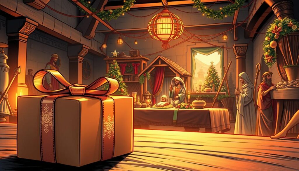 A captivating scene illustrating the evolution of gift-giving from sacred to secular traditions. In the foreground, a beautifully wrapped gift box with a shimmering ribbon, symbolizing modern secular gift-giving. In the middle, a warm, inviting table set for Christmas with traditional offerings like a nativity scene and festive decorations, symbolizing the sacred roots. In the background, a blend of historical and modern elements, such as an ancient marketplace and contemporary holiday festivities, depicting the transition in time. Soft, golden lighting casts a nostalgic glow over the scene, creating an intimate and reflective atmosphere. The image should capture a sense of warmth and connection, inviting viewers to reflect on the meaning of gifts throughout time.