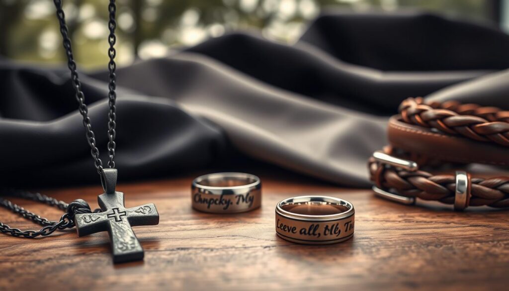 A collection of stylish Christian jewelry designed for men, prominently displayed on a tasteful wooden surface. In the foreground, focus on a variety of pieces, including a rugged cross pendant necklace, a polished silver ring with engraved scripture, and a leather bracelet featuring woven details. The middle ground showcases elegantly arranged dark and light-colored fabric backgrounds that complement the jewelry. A soft, diffused lighting highlights the textures and finishes of each piece, creating an inviting atmosphere. In the background, slightly blurred, are hints of a serene, natural setting, like trees or soft fabrics that suggest tranquility and reflection. The overall mood is sophisticated yet approachable, perfect for any man's style. Minimalistic and no text included. A collection of stylish Christian jewelry designed for men, prominently displayed on a tasteful wooden surface. In the foreground, focus on a variety of pieces, including a rugged cross pendant necklace, a polished silver ring with engraved scripture, and a leather bracelet featuring woven details. The middle ground showcases elegantly arranged dark and light-colored fabric backgrounds that complement the jewelry. A soft, diffused lighting highlights the textures and finishes of each piece, creating an inviting atmosphere. In the background, slightly blurred, are hints of a serene, natural setting, like trees or soft fabrics that suggest tranquility and reflection. The overall mood is sophisticated yet approachable, perfect for any man's style. Minimalistic and no text included.