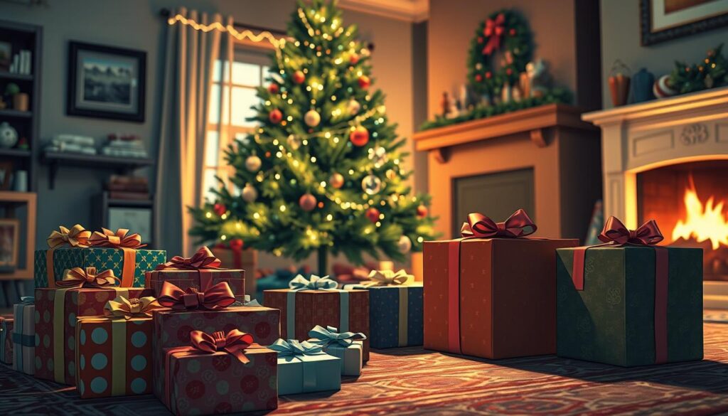 A cozy Christmas scene featuring beautifully wrapped gifts arranged around a decorated pine tree in a warmly lit living room. In the foreground, a colorful array of presents, some with shiny bows and festive patterns, sits on a patterned rug. The middle ground shows the tree adorned with twinkling lights and ornaments, creating a festive atmosphere. In the background, a softly glowing fireplace emits a warm light, casting gentle shadows across the room. The mood is joyful and inviting, embodying the spirit of giving during the Christmas season. The lighting is soft and warm, mimicking the golden hour, enhancing the sense of warmth and community. A cozy Christmas scene featuring beautifully wrapped gifts arranged around a decorated pine tree in a warmly lit living room. In the foreground, a colorful array of presents, some with shiny bows and festive patterns, sits on a patterned rug. The middle ground shows the tree adorned with twinkling lights and ornaments, creating a festive atmosphere. In the background, a softly glowing fireplace emits a warm light, casting gentle shadows across the room. The mood is joyful and inviting, embodying the spirit of giving during the Christmas season. The lighting is soft and warm, mimicking the golden hour, enhancing the sense of warmth and community.