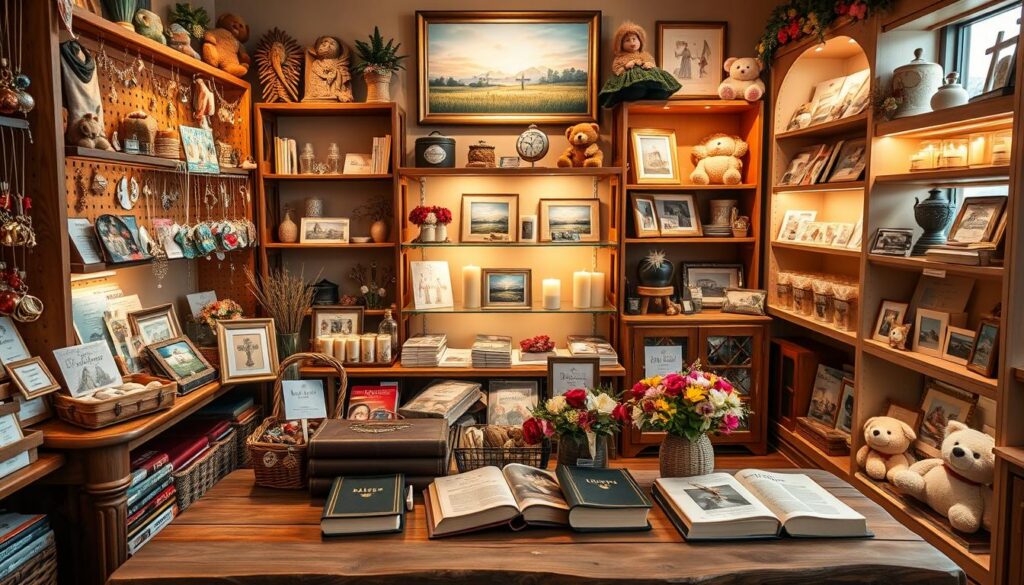A cozy and inviting Christian gift shop interior, showcasing a variety of popular Christian gifts. In the foreground, a rustic wooden table is adorned with beautiful Bibles, inspirational books, and handmade ornaments. The middle layer features shelves organized with faith-based jewelry, candles, and framed artwork depicting serene biblical scenes. In the background, softly lit nooks display plush toys and greeting cards with uplifting messages. The lighting is warm and inviting, creating a peaceful atmosphere that emphasizes a sense of community and spirituality. The composition is captured from a slightly elevated angle, allowing for a comprehensive view of the gift offerings while maintaining a welcoming ambiance. A cozy and inviting Christian gift shop interior, showcasing a variety of popular Christian gifts. In the foreground, a rustic wooden table is adorned with beautiful Bibles, inspirational books, and handmade ornaments. The middle layer features shelves organized with faith-based jewelry, candles, and framed artwork depicting serene biblical scenes. In the background, softly lit nooks display plush toys and greeting cards with uplifting messages. The lighting is warm and inviting, creating a peaceful atmosphere that emphasizes a sense of community and spirituality. The composition is captured from a slightly elevated angle, allowing for a comprehensive view of the gift offerings while maintaining a welcoming ambiance.
