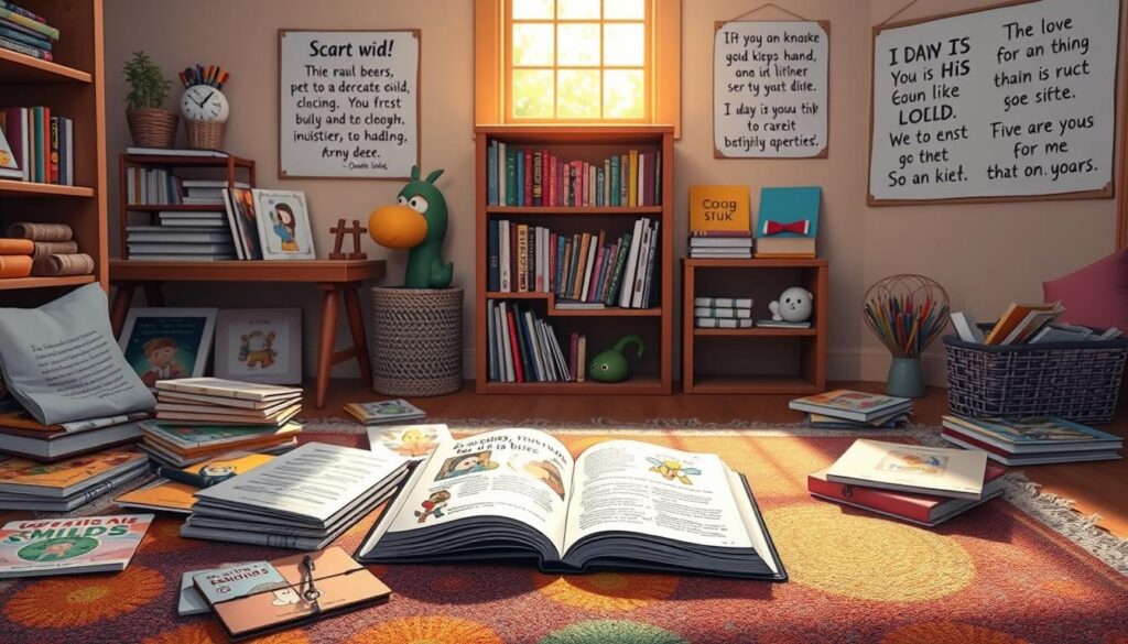 A cozy and inviting scene depicting a children’s Bible study area. In the foreground, a colorful rug with children’s prayer books, colorful devotionals, and study guides scattered playfully. A wooden table holds a bright, illustrated children's Bible open to an engaging page. In the middle ground, a small bookshelf filled with more religious literature and prayer tools like journals and crayons designed for kids. The background shows a sunny window with soft light streaming in, illuminating the space, enhancing warmth and encouragement, with cheerful wall decorations featuring uplifting scripture verses. The atmosphere is joyful and nurturing, perfect for fostering a love of scripture among young children. A cozy and inviting scene depicting a children’s Bible study area. In the foreground, a colorful rug with children’s prayer books, colorful devotionals, and study guides scattered playfully. A wooden table holds a bright, illustrated children's Bible open to an engaging page. In the middle ground, a small bookshelf filled with more religious literature and prayer tools like journals and crayons designed for kids. The background shows a sunny window with soft light streaming in, illuminating the space, enhancing warmth and encouragement, with cheerful wall decorations featuring uplifting scripture verses. The atmosphere is joyful and nurturing, perfect for fostering a love of scripture among young children.