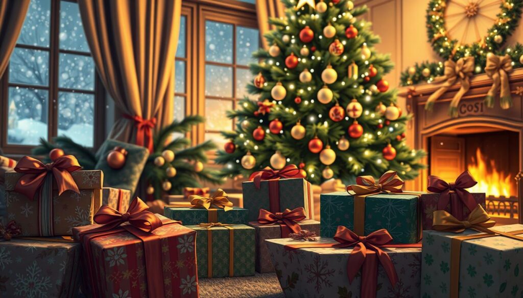 A cozy, heartwarming Christmas scene showcasing beautifully wrapped gifts beneath a decorated evergreen tree. In the foreground, various presents with colorful ribbons and intricate patterns are scattered, featuring traditional designs like snowflakes and holly. The middle ground reveals the tree adorned with twinkling lights, shimmering ornaments, and a star atop, casting a warm glow. In the background, a softly lit window displays softly falling snow, creating a tranquil winter ambiance. The room has a fireplace gently crackling, adding to the inviting atmosphere. The overall mood is joyful and reflective, embodying the spirit of giving and the deeper significance of Christmas traditions. The lighting should be warm and soft, resembling an intimate family gathering, captured with a slight depth of field lens effect. A cozy, heartwarming Christmas scene showcasing beautifully wrapped gifts beneath a decorated evergreen tree. In the foreground, various presents with colorful ribbons and intricate patterns are scattered, featuring traditional designs like snowflakes and holly. The middle ground reveals the tree adorned with twinkling lights, shimmering ornaments, and a star atop, casting a warm glow. In the background, a softly lit window displays softly falling snow, creating a tranquil winter ambiance. The room has a fireplace gently crackling, adding to the inviting atmosphere. The overall mood is joyful and reflective, embodying the spirit of giving and the deeper significance of Christmas traditions. The lighting should be warm and soft, resembling an intimate family gathering, captured with a slight depth of field lens effect.