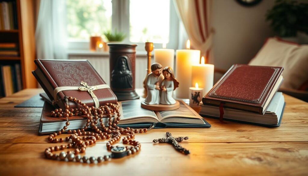 A cozy, inviting display of meaningful Catholic gifts for family, arranged beautifully on a wooden table in a softly lit room. In the foreground, there are elegant rosaries with intricate beads, a small ornate crucifix, and prayer books with rich leather covers, all meticulously arranged. The middle section features a charming ceramic figurine of a Holy Family, surrounded by decorative candles with gentle flames flickering, casting warm light. In the background, a window allows soft, natural light to filter in, creating a serene atmosphere. The colors are warm and earthy, evoking a sense of peace and spirituality. The overall mood is reflective and heartwarming, appealing to the appreciation of faith and family unity. A cozy, inviting display of meaningful Catholic gifts for family, arranged beautifully on a wooden table in a softly lit room. In the foreground, there are elegant rosaries with intricate beads, a small ornate crucifix, and prayer books with rich leather covers, all meticulously arranged. The middle section features a charming ceramic figurine of a Holy Family, surrounded by decorative candles with gentle flames flickering, casting warm light. In the background, a window allows soft, natural light to filter in, creating a serene atmosphere. The colors are warm and earthy, evoking a sense of peace and spirituality. The overall mood is reflective and heartwarming, appealing to the appreciation of faith and family unity.