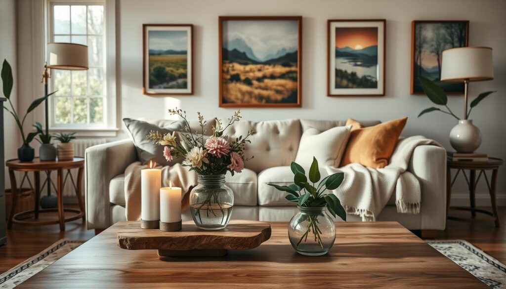 A cozy living room featuring an inviting arrangement of home decor and accessories that uplift the space. In the foreground, showcase a beautifully styled coffee table with a centerpiece of fresh flowers in a rustic vase, paired with elegant candles. The middle of the scene showcases a serene sofa, adorned with plush throw pillows and a soft blanket, complemented by a chic, patterned rug. In the background, include tasteful wall art with uplifting themes, such as nature landscapes and soothing abstract pieces, framed in warm wooden tones. The room is bathed in soft, natural lighting coming from a window, creating a welcoming and tranquil atmosphere. Use a wide-angle lens to capture the harmonic blend of colors and textures, conveying a sense of peace and inspiration. A cozy living room featuring an inviting arrangement of home decor and accessories that uplift the space. In the foreground, showcase a beautifully styled coffee table with a centerpiece of fresh flowers in a rustic vase, paired with elegant candles. The middle of the scene showcases a serene sofa, adorned with plush throw pillows and a soft blanket, complemented by a chic, patterned rug. In the background, include tasteful wall art with uplifting themes, such as nature landscapes and soothing abstract pieces, framed in warm wooden tones. The room is bathed in soft, natural lighting coming from a window, creating a welcoming and tranquil atmosphere. Use a wide-angle lens to capture the harmonic blend of colors and textures, conveying a sense of peace and inspiration.