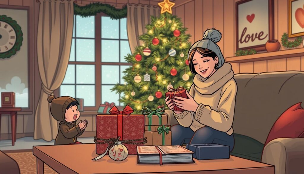 A cozy living room scene during Christmas, featuring a family gathered around a beautifully decorated tree. In the foreground, a smiling child presents a carefully wrapped gift to their parent, both dressed in warm, modest winter attire. The middle ground showcases a table laden with unique, thoughtful gifts symbolizing love and faith, including handmade ornaments and a Bible. Soft, warm lighting casts gentle shadows, creating an inviting atmosphere that emphasizes the joy and solemnity of the occasion. In the background, a window reveals faint snowfall outside, adding to the serene holiday ambiance. The overall mood is one of warmth, love, and the spirit of giving, reflecting the essence of the Christmas gift-giving tradition.