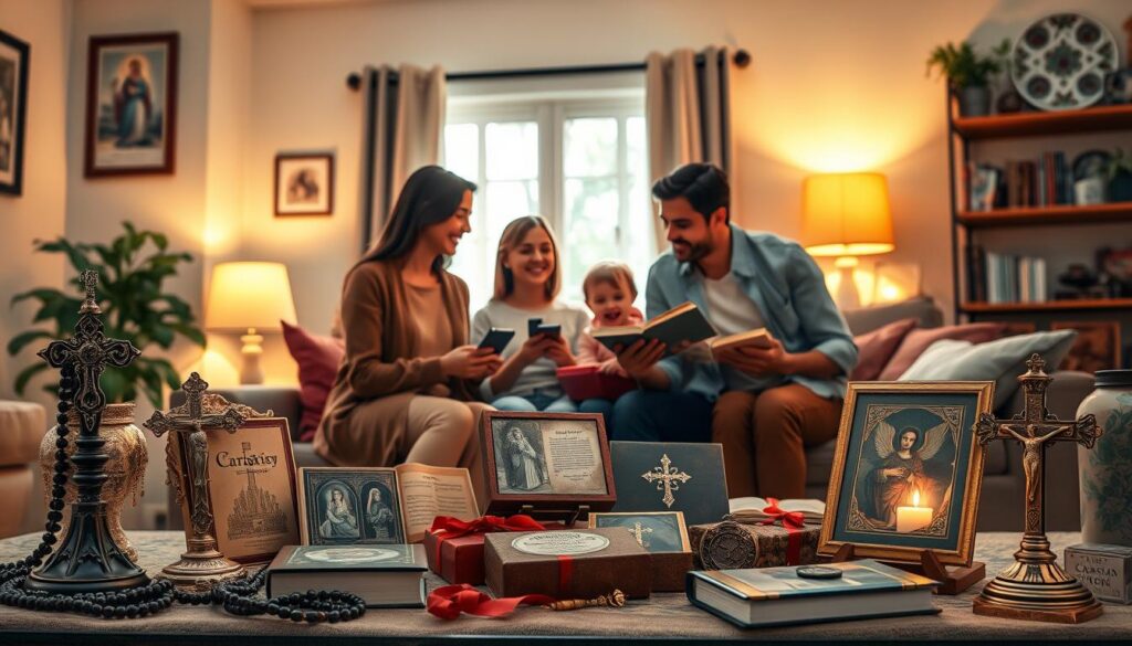 A cozy living room scene illuminated by soft, warm lighting, creating an inviting atmosphere for family gatherings. In the foreground, a beautifully arranged display of meaningful Catholic gifts such as rosaries, prayer books, and religious art pieces, each with intricate details and rich colors. The middle ground features a family, dressed in modest casual clothing, happily exchanging gifts, embodying moments of joy and connection. The background showcases a tastefully decorated shelf with more religious items and a serene window with gentle sunlight filtering through, adding to the peaceful ambiance. The overall tone is uplifting and harmonious, highlighting the significance of thoughtful gifts for every family member and occasion. A cozy living room scene illuminated by soft, warm lighting, creating an inviting atmosphere for family gatherings. In the foreground, a beautifully arranged display of meaningful Catholic gifts such as rosaries, prayer books, and religious art pieces, each with intricate details and rich colors. The middle ground features a family, dressed in modest casual clothing, happily exchanging gifts, embodying moments of joy and connection. The background showcases a tastefully decorated shelf with more religious items and a serene window with gentle sunlight filtering through, adding to the peaceful ambiance. The overall tone is uplifting and harmonious, highlighting the significance of thoughtful gifts for every family member and occasion.