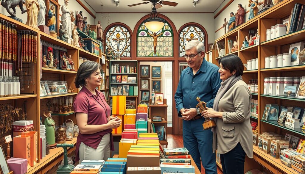 A cozy local Catholic gift store, filled with shelves adorned with religious items like rosaries, statues of saints, prayer books, and candles. In the foreground, a friendly shopkeeper in professional attire assists a couple, both dressed in modest clothing, examining a beautifully crafted crucifix. The middle of the store showcases displays of bright gift bags and colorful merchandise, creating an inviting atmosphere. The background features soft lighting, highlighting the warm wooden accents and intricate stained glass windows that create a peaceful ambiance. The angle captures a slightly wide view, emphasizing the quaint charm of the shop and fostering a sense of community and warmth. The overall mood is welcoming and serene, perfect for a place of worship and reflection. A cozy local Catholic gift store, filled with shelves adorned with religious items like rosaries, statues of saints, prayer books, and candles. In the foreground, a friendly shopkeeper in professional attire assists a couple, both dressed in modest clothing, examining a beautifully crafted crucifix. The middle of the store showcases displays of bright gift bags and colorful merchandise, creating an inviting atmosphere. The background features soft lighting, highlighting the warm wooden accents and intricate stained glass windows that create a peaceful ambiance. The angle captures a slightly wide view, emphasizing the quaint charm of the shop and fostering a sense of community and warmth. The overall mood is welcoming and serene, perfect for a place of worship and reflection.