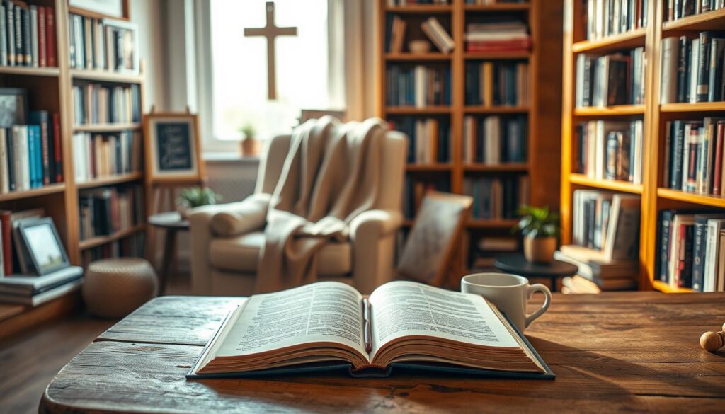 A cozy reading nook featuring a wooden bookshelf filled with a diverse collection of meaningful Christian books. In the foreground, a thoughtfully arranged open book lying on a rustic wooden table, with a steaming cup of coffee beside it, radiates warmth. In the middle, a plush armchair draped with a soft throw invites relaxation, illuminated by gentle, natural light filtering through a nearby window, creating an inviting atmosphere. The background shows more shelves filled with books and a subtle hint of religious decor, like a framed cross and a small potted plant. The composition conveys a sense of peace, reflection, and spiritual growth, emphasizing a warm, contemplative mood perfect for a Christian man seeking inspiration. A cozy reading nook featuring a wooden bookshelf filled with a diverse collection of meaningful Christian books. In the foreground, a thoughtfully arranged open book lying on a rustic wooden table, with a steaming cup of coffee beside it, radiates warmth. In the middle, a plush armchair draped with a soft throw invites relaxation, illuminated by gentle, natural light filtering through a nearby window, creating an inviting atmosphere. The background shows more shelves filled with books and a subtle hint of religious decor, like a framed cross and a small potted plant. The composition conveys a sense of peace, reflection, and spiritual growth, emphasizing a warm, contemplative mood perfect for a Christian man seeking inspiration.