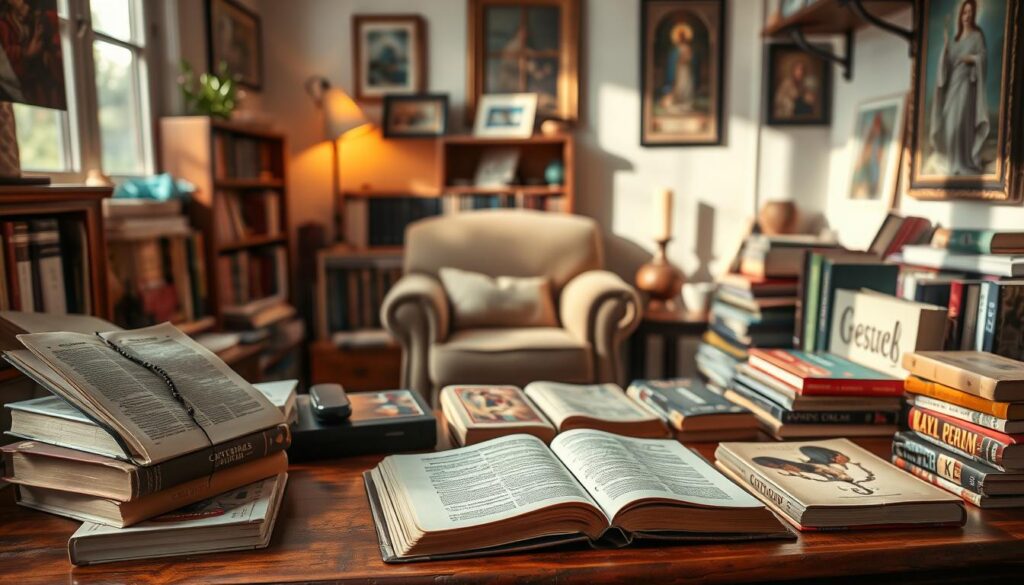 A cozy reading nook filled with an array of books and media that nourish the Catholic faith. In the foreground, a vintage wooden table showcases well-worn copies of the Bible, classic Catholic literature, and prayer books, with a few media devices like a DVD of a Catholic film and a streaming device. Soft, warm light pours in from a nearby window, illuminating the spines of the books and creating a haven-like atmosphere. In the middle, a comfortable armchair invites readers, surrounded by a small bookshelf curved around the nook, filled with theological works and devotional items like a rosary and a candle. The background features a softly painted wall with religious artwork, adding to the tranquil, reflective mood of faith and learning.
