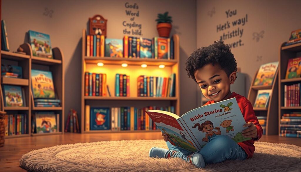 A cozy scene in a well-lit children's reading nook, featuring an assortment of colorful children's books, DVDs, and audio series prominently displayed. In the foreground, a young child of diverse ethnicity is sitting cross-legged on a plush rug, engrossed in a vividly illustrated book about Bible stories, with a look of wonder on their face. In the middle background, a shelf brimming with various Christian-themed movies and audiobooks is softly illuminated by warm, ambient light, creating a welcoming atmosphere. On the walls, gentle illustrations of biblical scenes and inspiring quotes add a whimsical touch. The overall mood is joyful and inviting, encouraging exploration and learning about God’s Word, with a focus on nurturing a child's faith. A cozy scene in a well-lit children's reading nook, featuring an assortment of colorful children's books, DVDs, and audio series prominently displayed. In the foreground, a young child of diverse ethnicity is sitting cross-legged on a plush rug, engrossed in a vividly illustrated book about Bible stories, with a look of wonder on their face. In the middle background, a shelf brimming with various Christian-themed movies and audiobooks is softly illuminated by warm, ambient light, creating a welcoming atmosphere. On the walls, gentle illustrations of biblical scenes and inspiring quotes add a whimsical touch. The overall mood is joyful and inviting, encouraging exploration and learning about God’s Word, with a focus on nurturing a child's faith.