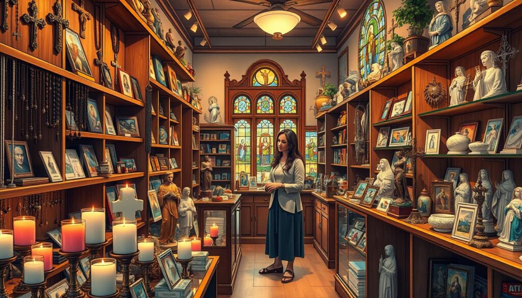 A cozy, warmly lit Catholic gift store filled with wooden shelves showcasing a variety of religious items, such as rosaries, crucifixes, prayer cards, and statues of saints. In the foreground, vibrant displays feature elegant candles and delicate jewelry, creating an inviting atmosphere. The middle ground contains a friendly shopkeeper, a woman dressed in modest clothing, warmly assisting a customer who is browsing the items. The background is adorned with soft, golden lighting and stained glass windows that filter colorful light into the space. The angle is slightly elevated, giving a comprehensive view of the store while emphasizing the welcoming ambiance. The mood is serene and uplifting, perfect for inspiring a sense of community and faith in shoppers. A cozy, warmly lit Catholic gift store filled with wooden shelves showcasing a variety of religious items, such as rosaries, crucifixes, prayer cards, and statues of saints. In the foreground, vibrant displays feature elegant candles and delicate jewelry, creating an inviting atmosphere. The middle ground contains a friendly shopkeeper, a woman dressed in modest clothing, warmly assisting a customer who is browsing the items. The background is adorned with soft, golden lighting and stained glass windows that filter colorful light into the space. The angle is slightly elevated, giving a comprehensive view of the store while emphasizing the welcoming ambiance. The mood is serene and uplifting, perfect for inspiring a sense of community and faith in shoppers.