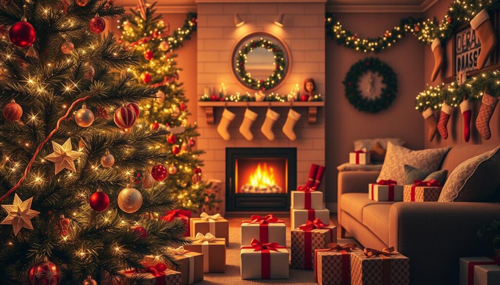 A cozy, warmly lit living room adorned for Christmas, filled with traditional gifts wrapped in colorful paper with ribbons. In the foreground, a beautifully decorated evergreen tree glistens with twinkling fairy lights and ornaments, with several elegant gift boxes nestled beneath it. In the middle, a fireplace with stockings hanging above adds to the festive ambiance, glowing softly with a crackling fire. The background features garlands and festive decorations on the mantels and walls, setting a joyous mood. The scene is bathed in soft, warm light, evoking feelings of warmth and connection. Capture this intimate moment from a slightly elevated angle, emphasizing the gifts and the spirit of giving during the holiday season. A cozy, warmly lit living room adorned for Christmas, filled with traditional gifts wrapped in colorful paper with ribbons. In the foreground, a beautifully decorated evergreen tree glistens with twinkling fairy lights and ornaments, with several elegant gift boxes nestled beneath it. In the middle, a fireplace with stockings hanging above adds to the festive ambiance, glowing softly with a crackling fire. The background features garlands and festive decorations on the mantels and walls, setting a joyous mood. The scene is bathed in soft, warm light, evoking feelings of warmth and connection. Capture this intimate moment from a slightly elevated angle, emphasizing the gifts and the spirit of giving during the holiday season.