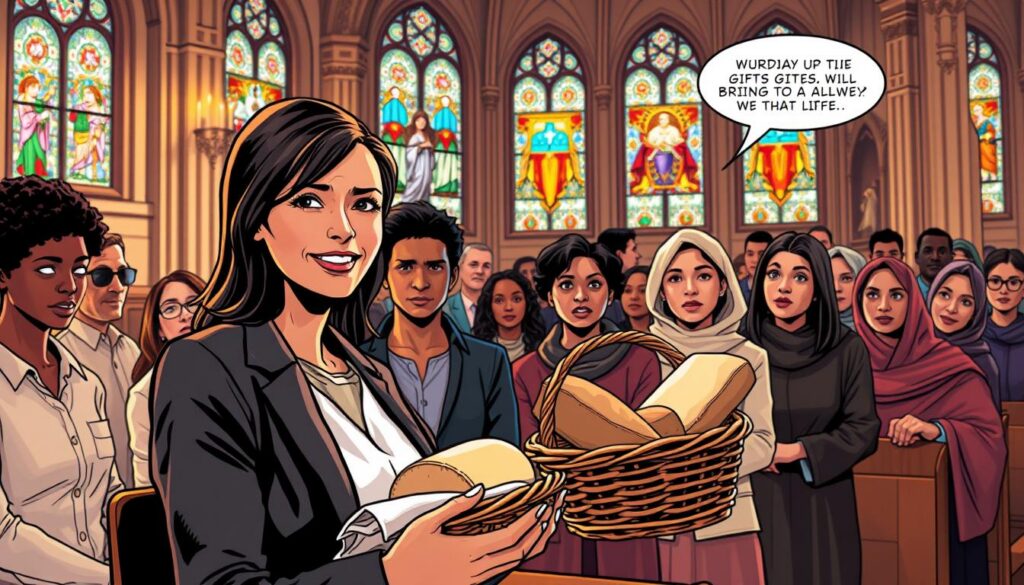 A diverse group of individuals in a church setting, focused on the moment of bringing up the gifts during a service. In the foreground, a woman in professional business attire with a slight smile, holding a basket filled with bread and wine, symbolizing the gifts. In the middle ground, a mix of people in modest clothing, showcasing various ethnicities, engaged in conversation, with a curious expression about the process. In the background, the ornate interior of the church, featuring stained glass windows casting colorful light onto the scene. Warm lighting softens the atmosphere, emphasizing a sense of inclusivity and reverence. Captured from a slight low angle to give depth and focus to the individuals.