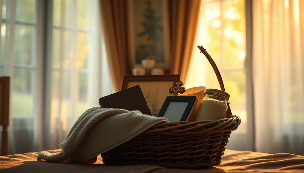 A heartfelt scene symbolizing grief and sympathy gifts. In the foreground, a beautifully arranged gift basket filled with comforting items: a soft blanket, a journal, a small framed cross, and a scented candle. The middle ground features a softly lit room with warm, inviting lighting, casting gentle shadows. In the background, a serene window with sheer curtains, allowing natural light to filter in, highlighting a peaceful garden view. The atmosphere conveys warmth, compassion, and understanding, evoking a sense of comfort and solace for those in mourning. The composition is intimate, with a slightly blurred depth of field, focusing on the gift basket while the background remains softly detailed. The overall mood is reflective and soothing, perfect for illustrating the concept of sympathy gifts. A heartfelt scene symbolizing grief and sympathy gifts. In the foreground, a beautifully arranged gift basket filled with comforting items: a soft blanket, a journal, a small framed cross, and a scented candle. The middle ground features a softly lit room with warm, inviting lighting, casting gentle shadows. In the background, a serene window with sheer curtains, allowing natural light to filter in, highlighting a peaceful garden view. The atmosphere conveys warmth, compassion, and understanding, evoking a sense of comfort and solace for those in mourning. The composition is intimate, with a slightly blurred depth of field, focusing on the gift basket while the background remains softly detailed. The overall mood is reflective and soothing, perfect for illustrating the concept of sympathy gifts.