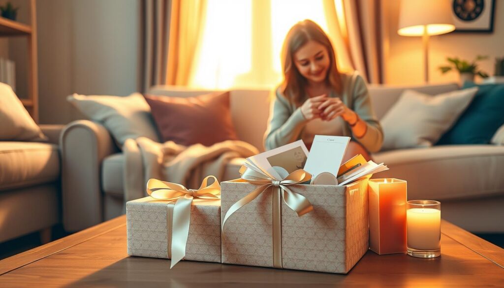 A heartwarming scene in a cozy living room, where a gently lit coffee table is adorned with a beautifully wrapped sympathy gift. The foreground features an elegantly designed box with a soft ribbon, surrounded by personalized touches like a handwritten note and a small candle. In the middle, a close-up of a caring person, dressed in modest casual attire, delicately arranging items in the gift, radiating compassion and thoughtfulness. The background includes a softly glowing window, allowing warm sunlight to filter in, enhancing the inviting atmosphere. Soft colors like pastels and warm neutrals dominate the palette, evoking a sense of comfort and solace. The overall mood is serene and uplifting, capturing the essence of personalization in giving sympathy gifts. A heartwarming scene in a cozy living room, where a gently lit coffee table is adorned with a beautifully wrapped sympathy gift. The foreground features an elegantly designed box with a soft ribbon, surrounded by personalized touches like a handwritten note and a small candle. In the middle, a close-up of a caring person, dressed in modest casual attire, delicately arranging items in the gift, radiating compassion and thoughtfulness. The background includes a softly glowing window, allowing warm sunlight to filter in, enhancing the inviting atmosphere. Soft colors like pastels and warm neutrals dominate the palette, evoking a sense of comfort and solace. The overall mood is serene and uplifting, capturing the essence of personalization in giving sympathy gifts.