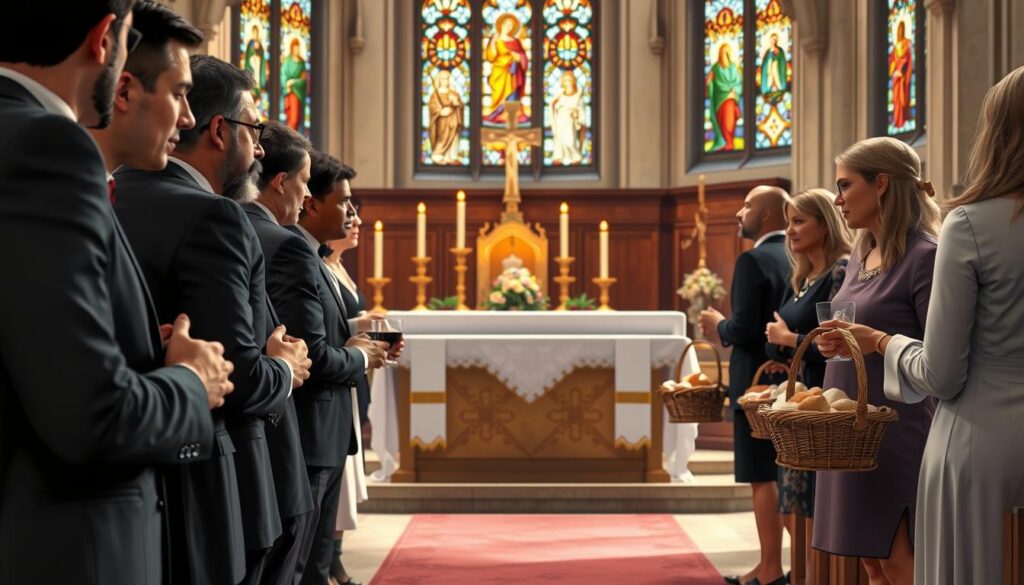 A serene Catholic Mass scene focusing on the moment of bringing up gifts. In the foreground, a diverse group of individuals in professional attire—men in suits, women in modest dresses—gently holds ornate baskets filled with bread and wine, symbolizing the offerings. The middle ground showcases a beautifully decorated altar draped in white linens, with flickering candles casting a warm light. In the background, stained glass windows filter colorful light into the church, enhancing the divine ambiance. The overall atmosphere feels reverent and peaceful, capturing the significance of this moment in Catholic worship. Use soft, natural lighting to invoke a sense of tranquility, shot from a slightly elevated angle, emphasizing the connection between the congregants and the sacred space. A serene Catholic Mass scene focusing on the moment of bringing up gifts. In the foreground, a diverse group of individuals in professional attire—men in suits, women in modest dresses—gently holds ornate baskets filled with bread and wine, symbolizing the offerings. The middle ground showcases a beautifully decorated altar draped in white linens, with flickering candles casting a warm light. In the background, stained glass windows filter colorful light into the church, enhancing the divine ambiance. The overall atmosphere feels reverent and peaceful, capturing the significance of this moment in Catholic worship. Use soft, natural lighting to invoke a sense of tranquility, shot from a slightly elevated angle, emphasizing the connection between the congregants and the sacred space.