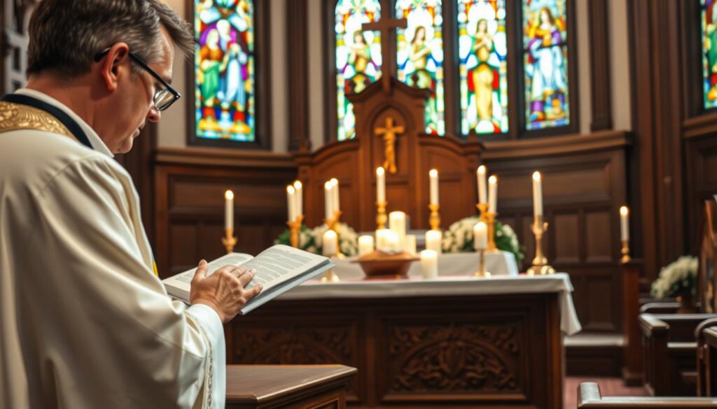 A serene Catholic altar scene during Mass, focused on a beautifully adorned altar showcasing an array of gifts like bread, wine, and candles. In the foreground, a priest in professional attire is thoughtfully preparing the gifts, radiating a sense of reverence and commitment. In the middle ground, a wooden altar with intricate carvings holds the gifts, surrounded by lush altar cloth and flickering candles, casting a soft, warm glow. In the background, the church interior features stained glass windows filtering in colorful light, creating a spiritual atmosphere. The image is captured with a soft focus lens to enhance the mood of devotion and community. Overall, the scene embodies tranquility and significance, inviting viewers to reflect on the meaning behind presenting gifts at Mass.
