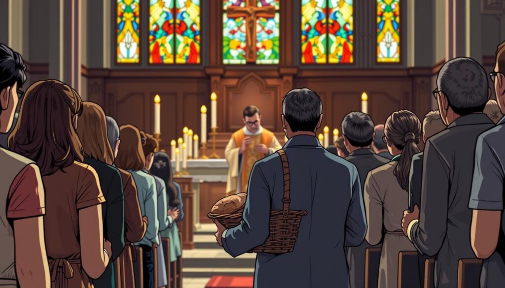 A serene Catholic church interior during Mass, focus on the altar where the gifts—bread and wine—are being presented. In the foreground, a diverse group of worshippers in modest casual clothing approaches the altar with reverence, holding a beautifully decorated basket with fresh bread and a bottle of wine, symbolizing community and faith. In the middle ground, a priest in formal attire stands ready to receive the gifts, surrounded by elegant lit candles casting a warm glow. The background features stained glass windows filtering in colorful light, creating an uplifting atmosphere. Capture the mood of solemnity and devotion with soft, natural lighting, using a wide-angle lens to emphasize the sanctity of the moment. A serene Catholic church interior during Mass, focus on the altar where the gifts—bread and wine—are being presented. In the foreground, a diverse group of worshippers in modest casual clothing approaches the altar with reverence, holding a beautifully decorated basket with fresh bread and a bottle of wine, symbolizing community and faith. In the middle ground, a priest in formal attire stands ready to receive the gifts, surrounded by elegant lit candles casting a warm glow. The background features stained glass windows filtering in colorful light, creating an uplifting atmosphere. Capture the mood of solemnity and devotion with soft, natural lighting, using a wide-angle lens to emphasize the sanctity of the moment.