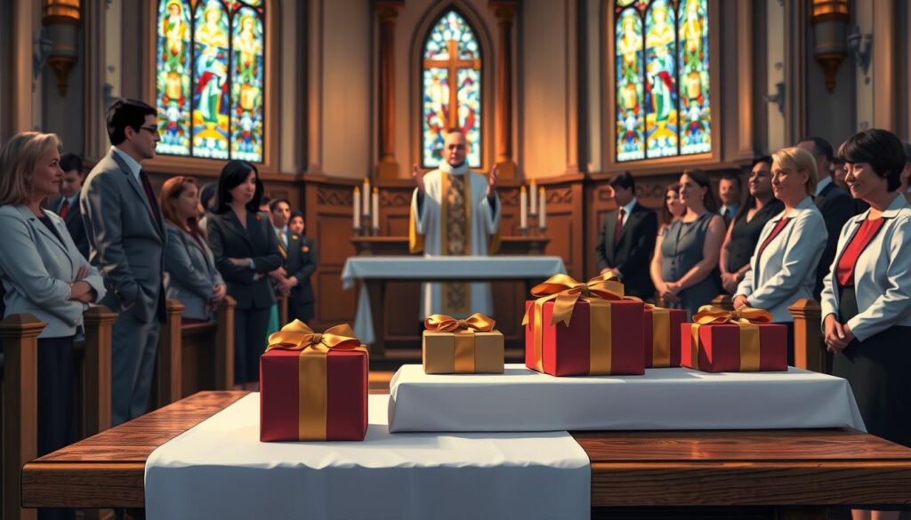 A serene Catholic church interior during Mass, focusing on the altar where gifts are being presented. In the foreground, a wooden table adorned with a white cloth holds several beautifully wrapped gift boxes in rich colors, symbolizing offerings. In the middle ground, a priest in formal vestments stands at the altar, hands raised in prayer. Surrounding him, parishioners dressed in modest, professional attire watch attentively. In the background, stained glass windows filter soft, colorful light, casting gentle hues across the scene, creating a peaceful atmosphere. The composition captures the reverent moment of bringing forth gifts, emphasizing faith and community during worship. The lighting is warm and inviting, highlighting the textures of the gifts and the solemnity of the occasion.