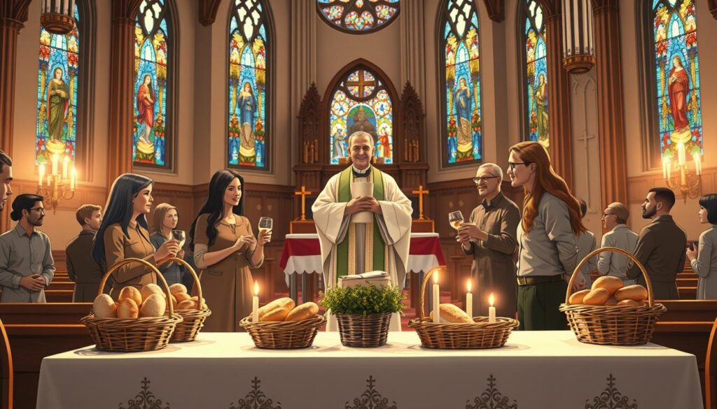 A serene Catholic church interior during Mass, focusing on the moment when gifts are presented. In the foreground, a beautifully arranged altar showcasing baskets of fresh bread and wine, symbolizing the Eucharist. Several parishioners in modest clothing are joyfully approaching the altar, gently carrying their offerings. In the middle, a priest in formal liturgical vestments stands with an inviting expression, ready to accept the gifts. The background features stained glass windows casting colorful light over the scene, enhancing the atmosphere of reverence and community. Soft, warm lighting illuminates the church, creating a tranquil and sacred mood, reminiscent of deep faith and gratitude. The angle highlights the connection between the congregants and the altar, emphasizing the importance of this ritual in Catholic Mass. A serene Catholic church interior during Mass, focusing on the moment when gifts are presented. In the foreground, a beautifully arranged altar showcasing baskets of fresh bread and wine, symbolizing the Eucharist. Several parishioners in modest clothing are joyfully approaching the altar, gently carrying their offerings. In the middle, a priest in formal liturgical vestments stands with an inviting expression, ready to accept the gifts. The background features stained glass windows casting colorful light over the scene, enhancing the atmosphere of reverence and community. Soft, warm lighting illuminates the church, creating a tranquil and sacred mood, reminiscent of deep faith and gratitude. The angle highlights the connection between the congregants and the altar, emphasizing the importance of this ritual in Catholic Mass.