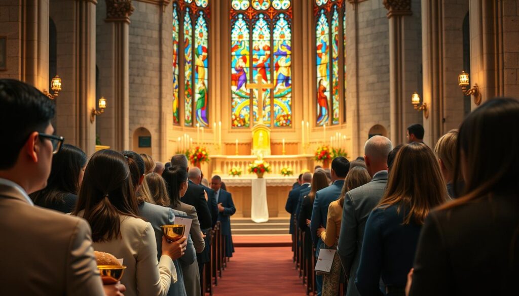 A serene Catholic church interior during Mass, focusing on the presentation of gifts at the altar. In the foreground, a diverse group of individuals dressed in professional business attire and modest casual clothing carries items such as a golden chalice and a loaf of bread, symbolizing the Eucharist. In the middle ground, the beautifully decorated altar with lit candles and flowers, illuminated by soft, warm lighting. The background reveals stained glass windows casting colorful reflections on the stone walls, enhancing the spiritual atmosphere. The angle captures both the altar and the congregation, creating an inviting, reverent mood, emphasizing community and tradition within the sacred setting.