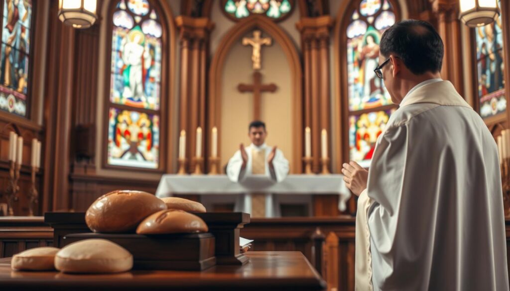A serene Catholic church interior during Mass, showcasing a wooden altar adorned with a beautiful white altar cloth. In the foreground, a collection of gifts such as bread and wine is arranged reverently, emphasizing the sacred offering of the Eucharist. The middle ground features a priest in formal clerical attire, facing the altar with a peaceful expression, his hands raised in prayer. The background reveals stained glass windows casting colorful light onto the scene, enhancing a sense of spirituality and contemplation. Soft, warm lighting enhances the atmosphere, creating a tranquil and solemn mood. The camera angle is slightly low, focusing on the gifts as they are brought up, with a depth of field that softly blurs the church's ornate details in the background. A serene Catholic church interior during Mass, showcasing a wooden altar adorned with a beautiful white altar cloth. In the foreground, a collection of gifts such as bread and wine is arranged reverently, emphasizing the sacred offering of the Eucharist. The middle ground features a priest in formal clerical attire, facing the altar with a peaceful expression, his hands raised in prayer. The background reveals stained glass windows casting colorful light onto the scene, enhancing a sense of spirituality and contemplation. Soft, warm lighting enhances the atmosphere, creating a tranquil and solemn mood. The camera angle is slightly low, focusing on the gifts as they are brought up, with a depth of field that softly blurs the church's ornate details in the background.