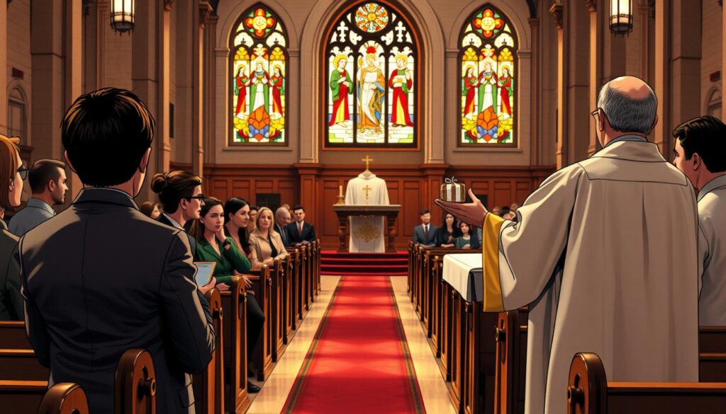A serene Catholic church interior during a Mass, featuring a beautifully arranged altar in the foreground with a priest in professional vestments, holding gifts for presentation. The middle ground includes parishioners seated attentively, dressed in modest business attire, as they observe the ceremony with reverent expressions. The background showcases stained glass windows filtering warm, colorful light into the space, casting soft reflections on the wooden pews. The atmosphere is peaceful and sacred, emphasizing the significance of the moment. Capture the scene with a soft focus lens effect to enhance depth and warmth, evoking a sense of community and devotion during this important ritual. The lighting should be warm and inviting, enhancing the spiritual mood of the setting. A serene Catholic church interior during a Mass, featuring a beautifully arranged altar in the foreground with a priest in professional vestments, holding gifts for presentation. The middle ground includes parishioners seated attentively, dressed in modest business attire, as they observe the ceremony with reverent expressions. The background showcases stained glass windows filtering warm, colorful light into the space, casting soft reflections on the wooden pews. The atmosphere is peaceful and sacred, emphasizing the significance of the moment. Capture the scene with a soft focus lens effect to enhance depth and warmth, evoking a sense of community and devotion during this important ritual. The lighting should be warm and inviting, enhancing the spiritual mood of the setting.