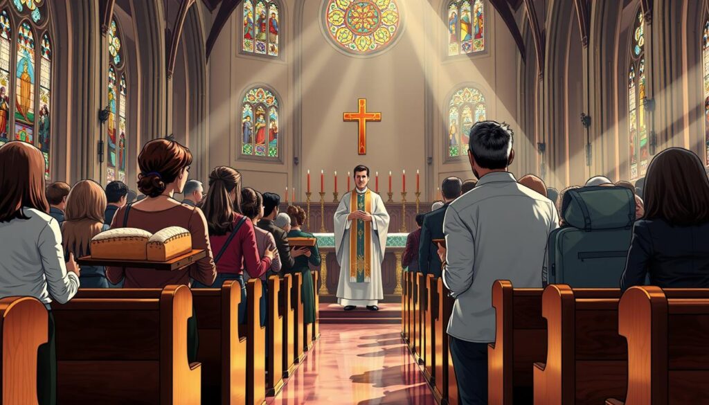 A serene Catholic church interior during a Mass, focusing on individuals carrying symbolic gifts, such as bread and wine, in the foreground. A middle-aged priest, clad in traditional vestments, stands at the altar in the center, creating a sense of reverence. Soft, warm candlelight filters through stained glass windows, casting colorful reflections on polished wooden pews. A diverse congregation is present, dressed in modest, professional attire, looking on with anticipation and respect. The atmosphere is peaceful and sacred, enhanced by gentle beams of sunlight illuminating the gifts. A low-angle perspective emphasizes the significance of the gifts being offered, symbolizing faith and community in the liturgical tradition. A serene Catholic church interior during a Mass, focusing on individuals carrying symbolic gifts, such as bread and wine, in the foreground. A middle-aged priest, clad in traditional vestments, stands at the altar in the center, creating a sense of reverence. Soft, warm candlelight filters through stained glass windows, casting colorful reflections on polished wooden pews. A diverse congregation is present, dressed in modest, professional attire, looking on with anticipation and respect. The atmosphere is peaceful and sacred, enhanced by gentle beams of sunlight illuminating the gifts. A low-angle perspective emphasizes the significance of the gifts being offered, symbolizing faith and community in the liturgical tradition.