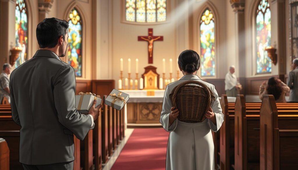 A serene Catholic church interior during a Mass, showcasing the moment when gift bearers approach the altar. In the foreground, two individuals in modest, professional attire—one male and one female—are holding beautifully wrapped gifts and a large ceremonial bread basket. The middle ground features a dignified altar adorned with white linens and flickering candles, with a crucifix prominently displayed. The background reveals soft, warm lighting streaming through stained glass windows, casting colorful patterns on the wooden pews. The atmosphere is one of reverence and anticipation, highlighting the important role of the gift bearers in the service. The composition captures the elegance and solemnity of the occasion, invoking a sense of community and spirituality.