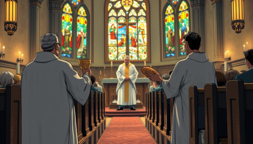 A serene Catholic church interior during a Sunday mass. In the foreground, two altar servers, dressed in modest white robes, carefully carry a beautifully adorned chalice and a loaf of bread towards the altar, symbolizing the gifts brought up during the ceremony. In the middle, a priest stands at the altar, with a focused expression, preparing to receive the gifts. The background features stained glass windows casting colorful light on the wooden pews, filled with parishioners in respectful attire, creating an atmosphere of reverence and community. The scene is warm and inviting, illuminated by soft candlelight, shot from a low angle to emphasize the significance of the altar and the ritual taking place. A serene Catholic church interior during a Sunday mass. In the foreground, two altar servers, dressed in modest white robes, carefully carry a beautifully adorned chalice and a loaf of bread towards the altar, symbolizing the gifts brought up during the ceremony. In the middle, a priest stands at the altar, with a focused expression, preparing to receive the gifts. The background features stained glass windows casting colorful light on the wooden pews, filled with parishioners in respectful attire, creating an atmosphere of reverence and community. The scene is warm and inviting, illuminated by soft candlelight, shot from a low angle to emphasize the significance of the altar and the ritual taking place.