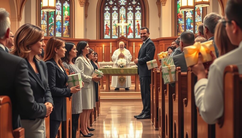 A serene Catholic church interior during a mass, with graceful wooden pews and stained-glass windows casting colorful light onto the altar. In the foreground, a group of individuals dressed in professional business attire or modest clothing approaches the altar, holding beautifully wrapped gifts. The middle of the composition captures the altar, adorned with white flowers and lit candles, while the priest stands ready to receive the gifts with a warm smile. The background displays a congregation quietly observing the moment, their expressions reflecting reverence and anticipation. Soft, warm lighting enhances the spiritual atmosphere, focusing on the act of giving within this sacred setting. The angle is slightly elevated, providing a clear view of the gift presentation, highlighting the significance of the moment. A serene Catholic church interior during a mass, with graceful wooden pews and stained-glass windows casting colorful light onto the altar. In the foreground, a group of individuals dressed in professional business attire or modest clothing approaches the altar, holding beautifully wrapped gifts. The middle of the composition captures the altar, adorned with white flowers and lit candles, while the priest stands ready to receive the gifts with a warm smile. The background displays a congregation quietly observing the moment, their expressions reflecting reverence and anticipation. Soft, warm lighting enhances the spiritual atmosphere, focusing on the act of giving within this sacred setting. The angle is slightly elevated, providing a clear view of the gift presentation, highlighting the significance of the moment.