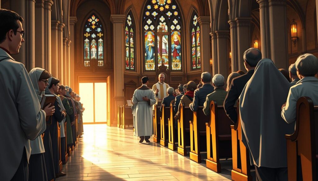 A serene Catholic church interior during the Mass, focusing on a procession as gifts are brought to the altar. In the foreground, a diverse group of parishioners in modest clothing carries bread and wine, expressions of reverence on their faces. In the middle ground, a priest stands at the altar, illuminated by soft, warm light from stained glass windows that cast colorful patterns on the stone floor. The background features rows of wooden pews filled with congregants, creating a sense of community and worship. The atmosphere is tranquil and reverent, emphasizing the spiritual significance of the moment, captured with a wide-angle lens to encompass the entire scene. Aim for a soft focus, enhancing the feelings of devotion and peace. A serene Catholic church interior during the Mass, focusing on a procession as gifts are brought to the altar. In the foreground, a diverse group of parishioners in modest clothing carries bread and wine, expressions of reverence on their faces. In the middle ground, a priest stands at the altar, illuminated by soft, warm light from stained glass windows that cast colorful patterns on the stone floor. The background features rows of wooden pews filled with congregants, creating a sense of community and worship. The atmosphere is tranquil and reverent, emphasizing the spiritual significance of the moment, captured with a wide-angle lens to encompass the entire scene. Aim for a soft focus, enhancing the feelings of devotion and peace.