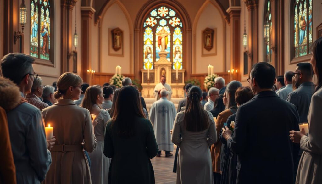 A serene Catholic church interior during the presentation of gifts at Mass. In the foreground, a diverse group of parishioners dressed in modest clothing, standing near a beautifully decorated altar, each holding small gifts symbolic of faith and gratitude. Soft, warm candlelight illuminates the scene, enhancing a sense of reverence and community. In the middle ground, a priest in traditional vestments prepares to accept the gifts, surrounded by floral arrangements and an ornate altar. The background features stained glass windows that cast colorful light across the church, creating a tranquil and spiritual atmosphere. Capture the moment with a soft focus lens effect to emphasize the warmth and dedication of the congregation, conveying a deep sense of purpose and connection. A serene Catholic church interior during the presentation of gifts at Mass. In the foreground, a diverse group of parishioners dressed in modest clothing, standing near a beautifully decorated altar, each holding small gifts symbolic of faith and gratitude. Soft, warm candlelight illuminates the scene, enhancing a sense of reverence and community. In the middle ground, a priest in traditional vestments prepares to accept the gifts, surrounded by floral arrangements and an ornate altar. The background features stained glass windows that cast colorful light across the church, creating a tranquil and spiritual atmosphere. Capture the moment with a soft focus lens effect to emphasize the warmth and dedication of the congregation, conveying a deep sense of purpose and connection.