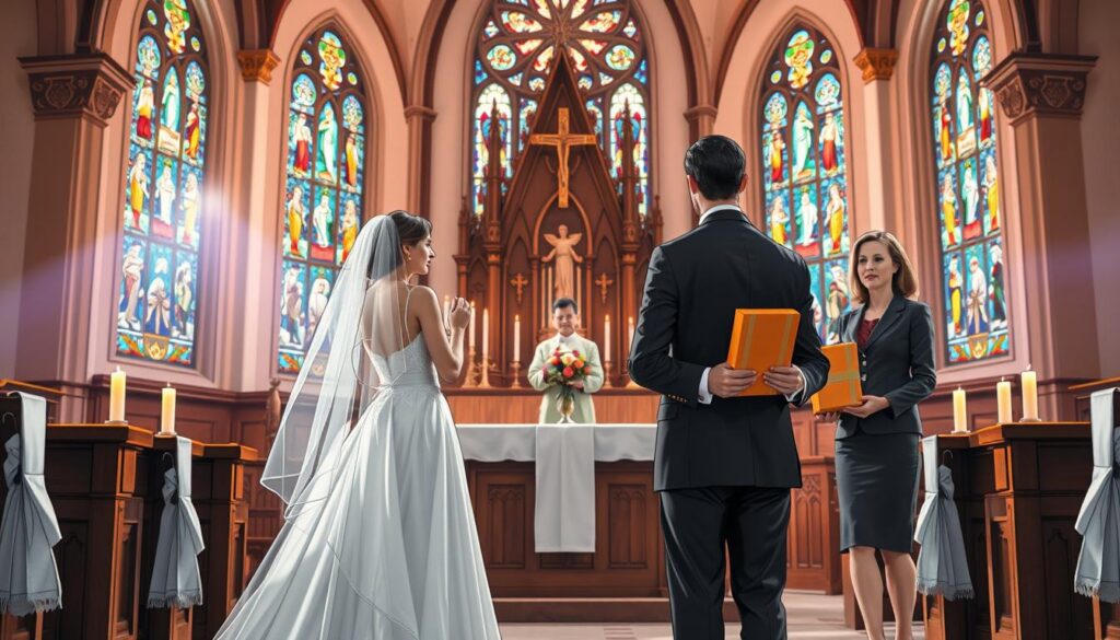 A serene Catholic wedding scene set inside a beautifully adorned church. In the foreground, a couple dressed in formal attire, the bride in an elegant white gown and the groom in a classic black suit, stand at the altar. A pair of parishioners, a man and a woman in modest, professional attire, carry the gifts towards the altar. The middle ground features a wooden altar draped with rich fabrics and flickering candles, casting a warm glow. In the background, stained glass windows filter colorful light, creating a sacred and uplifting atmosphere. The lighting is soft and ethereal, enhancing the sense of reverence and celebration. The mood is joyful and spiritual, embodying the essence of the wedding ceremony. The angle captures the couple and gifters in a harmonious composition, focusing on the act of bringing the gifts to the altar.