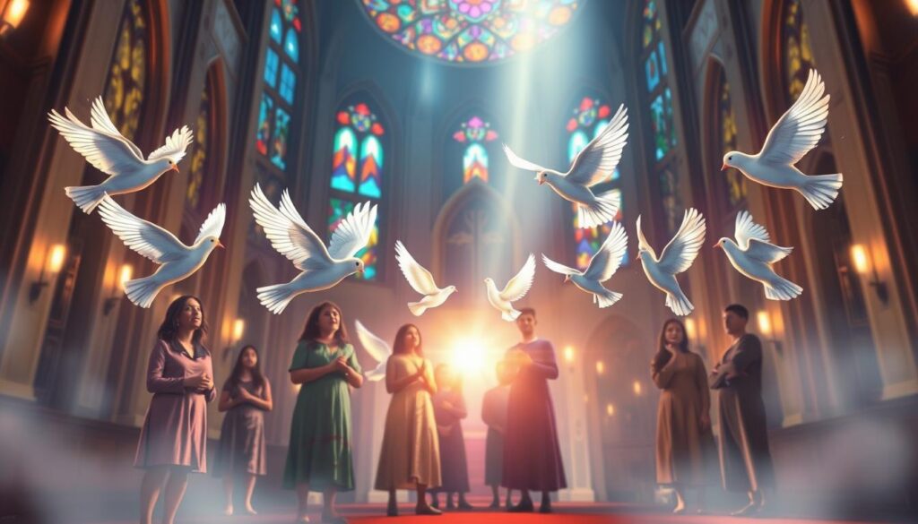 A serene and colorful depiction of the seven gifts of the Holy Spirit: wisdom, understanding, counsel, fortitude, knowledge, piety, and fear of the Lord. In the foreground, seven radiant doves, each glowing with a distinct hue, represent the gifts, gracefully hovering around a gentle stream of light. In the middle ground, a diverse group of individuals, dressed in modest casual clothing, are gathered in prayerful contemplation, reflecting the joy and significance of Baptism and Confirmation. In the background, an ethereal church interior with stained glass windows illuminating the scene, casting colorful reflections on the walls. The atmosphere is reverent and uplifting, suggesting divine presence and enlightenment. Soft, warm lighting enhances the sacred feel, evoking a sense of peace and spiritual awakening. A low-angle view captures the majesty of the scene, reinforcing the significance of the gifts.