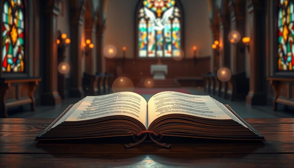 A serene and contemplative scene illustrating the "Gifts of the Holy Spirit" in a Catholic context, inspired by Isaiah's prophecy. In the foreground, an elegant open Bible rests on a wooden altar, displaying illuminated pages with the words of Isaiah glowing softly. Surrounding the Bible, symbolizing the seven gifts, are ethereal representations of Wisdom, Understanding, Counsel, Fortitude, Knowledge, Piety, and Fear of the Lord, depicted as gentle light orbs hovering gracefully. In the middle ground, a peaceful chapel interior with stained glass windows casts colorful patterns of light, creating a divine atmosphere. In the background, faint images of a dove and flames subtly represent the Holy Spirit, enhancing the spiritual ambiance. Soft, warm lighting envelops the scene, creating a sense of reverence and tranquility. Shot at a low angle to emphasize the altar and the divine gifts, evoking awe and reflection. A serene and contemplative scene illustrating the "Gifts of the Holy Spirit" in a Catholic context, inspired by Isaiah's prophecy. In the foreground, an elegant open Bible rests on a wooden altar, displaying illuminated pages with the words of Isaiah glowing softly. Surrounding the Bible, symbolizing the seven gifts, are ethereal representations of Wisdom, Understanding, Counsel, Fortitude, Knowledge, Piety, and Fear of the Lord, depicted as gentle light orbs hovering gracefully. In the middle ground, a peaceful chapel interior with stained glass windows casts colorful patterns of light, creating a divine atmosphere. In the background, faint images of a dove and flames subtly represent the Holy Spirit, enhancing the spiritual ambiance. Soft, warm lighting envelops the scene, creating a sense of reverence and tranquility. Shot at a low angle to emphasize the altar and the divine gifts, evoking awe and reflection.