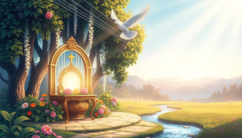 A serene and divine depiction of the "Gifts of the Holy Spirit," illustrated through a radiant scene in a lush, ethereal garden. In the foreground, an elegant dove, symbolizing peace and the Holy Spirit, gently hovers above a glowing, ornate altar adorned with vibrant flowers representing each gift: wisdom, understanding, counsel, fortitude, knowledge, piety, and fear of the Lord. The middle ground features cascading light beams filtering through the leafy trees, creating a tranquil atmosphere. A softly flowing stream reflects the colors of the sky, enhancing the serene mood. In the background, suggestive silhouettes of distant mountains rise under a tranquil blue sky. The overall lighting is soft and warm, evoking a sense of spirituality and comfort.
