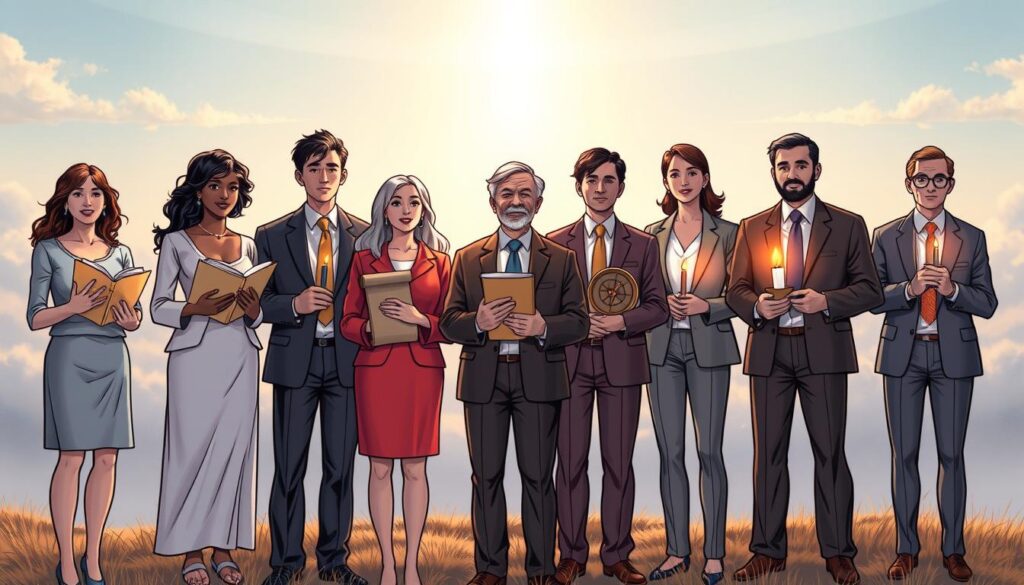 A serene and enlightening composition illustrating the Seven Gifts of the Holy Spirit. In the foreground, a diverse group of individuals in professional attire stands together, each holding a symbolic item representing a specific gift: wisdom (an open book), understanding (a glowing light), counsel (a compass), fortitude (a shield), knowledge (a scroll), piety (a candle), and fear of the Lord (a small cross). The middle ground features a gentle, radiant light descending from above, symbolizing divine inspiration. In the background, a soft, ethereal landscape with faint clouds and soft hues of blue and gold creates a peaceful atmosphere. The lighting is warm and inviting, casting a heavenly glow over the scene, capturing a sense of reverence and tranquility. The image is framed with a slight depth of field to focus on the individuals and their gifts.