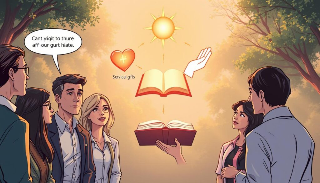 A serene and enlightening illustration of "spiritual gifts" categorized into three distinct groups. In the foreground, a diverse group of people in professional attire, engaged in thoughtful discussion about their spiritual gifts, symbolizes community and collaboration. The middle layer features three radiant symbols representing the three categories: a glowing heart for service gifts, an open book with light emanating from it for teaching gifts, and a shining hand for miraculous gifts. For the background, a softly lit, peaceful atmosphere with gentle light filtering through trees, enhancing the mood of reflection and inspiration. The composition should be balanced, with a warm color palette that invokes a sense of hope and spiritual discovery. The image should convey a sense of unity and purpose without any text or watermarks.
