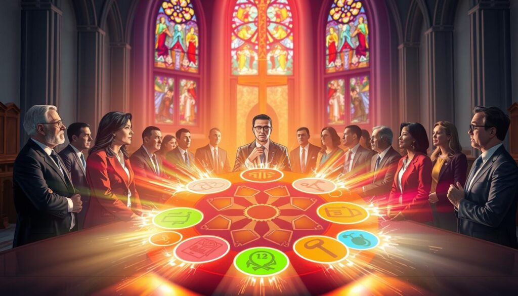 A serene and enlightening image illustrating the gifts of the Holy Spirit as described in the Bible. In the foreground, depict a beautifully arranged circle of vivid symbols representing each gift: wisdom, understanding, counsel, fortitude, knowledge, piety, and fear of the Lord, rendered in colorful, sacred light. In the middle ground, feature a diverse group of people, dressed in professional business attire, engaged in thoughtful discussion, their expressions conveying curiosity and reverence. The background should be a tranquil church setting, with stained glass windows casting a rainbow of colors across the scene. Use soft, ethereal lighting to create a reflective and inspiring atmosphere, capturing the essence of spiritual enlightenment. The composition should evoke a sense of peace and contemplation, inviting viewers to engage with the subject matter. A serene and enlightening image illustrating the gifts of the Holy Spirit as described in the Bible. In the foreground, depict a beautifully arranged circle of vivid symbols representing each gift: wisdom, understanding, counsel, fortitude, knowledge, piety, and fear of the Lord, rendered in colorful, sacred light. In the middle ground, feature a diverse group of people, dressed in professional business attire, engaged in thoughtful discussion, their expressions conveying curiosity and reverence. The background should be a tranquil church setting, with stained glass windows casting a rainbow of colors across the scene. Use soft, ethereal lighting to create a reflective and inspiring atmosphere, capturing the essence of spiritual enlightenment. The composition should evoke a sense of peace and contemplation, inviting viewers to engage with the subject matter.