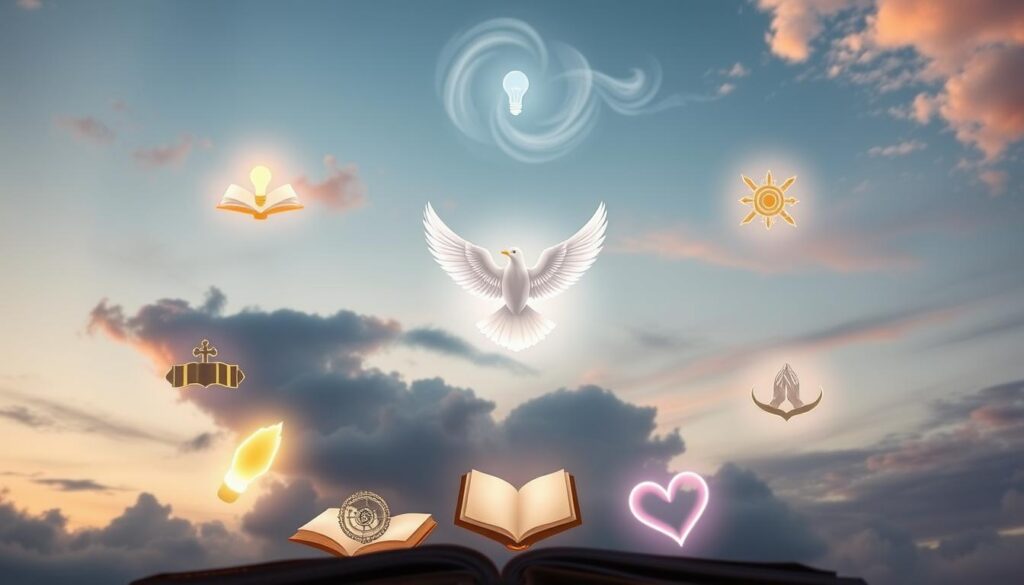 A serene and enlightening scene depicting the Seven Gifts of the Holy Spirit. In the foreground, a circular arrangement of seven beautiful, glowing symbols representing each gift: wisdom (open book), understanding (light bulb), counsel (guiding compass), fortitude (strong oak tree), knowledge (scrolls), piety (praying hands), and fear of the Lord (shining heart). In the middle, soft, ethereal light radiates from a central dove, symbolizing the Holy Spirit, surrounded by gentle, swirling clouds. The background showcases a tranquil sky, transitioning from dawn to twilight, symbolizing the gift of enlightenment. The atmosphere is calm and inviting, creating a space of contemplation and reflection. The lighting is warm and soft, enhancing the feeling of divine presence. The angle captures the scene slightly from below, emphasizing the grandeur of the symbols and the dove above. A serene and enlightening scene depicting the Seven Gifts of the Holy Spirit. In the foreground, a circular arrangement of seven beautiful, glowing symbols representing each gift: wisdom (open book), understanding (light bulb), counsel (guiding compass), fortitude (strong oak tree), knowledge (scrolls), piety (praying hands), and fear of the Lord (shining heart). In the middle, soft, ethereal light radiates from a central dove, symbolizing the Holy Spirit, surrounded by gentle, swirling clouds. The background showcases a tranquil sky, transitioning from dawn to twilight, symbolizing the gift of enlightenment. The atmosphere is calm and inviting, creating a space of contemplation and reflection. The lighting is warm and soft, enhancing the feeling of divine presence. The angle captures the scene slightly from below, emphasizing the grandeur of the symbols and the dove above.