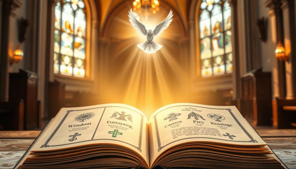A serene and ethereal depiction of the Seven Gifts of the Holy Spirit, inspired by Thomas Aquinas and Catholic tradition. In the foreground, an open, ancient-looking book with illuminated pages showcases symbols representing each gift: Wisdom, Understanding, Counsel, Fortitude, Knowledge, Piety, and Fear of the Lord, illuminated with golden light. In the middle ground, a soft glow emanates from a dove, symbolizing the Holy Spirit, gently descending from above, surrounded by rays of light. The background features a tranquil church interior with stained glass windows filtering warm sunlight, creating a sacred atmosphere. Use soft focus techniques to highlight the divine light and evoke a sense of reverence and peace, enhancing the spiritual mood of the scene.