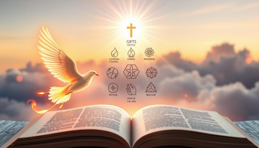 A serene and ethereal representation of the Gifts of the Holy Spirit, showcasing symbols like a dove, flames, and olive branches. In the foreground, a glowing dove descends gracefully, surrounded by subtle, colorful flames representing the Holy Spirit's presence. The middle layer features ethereal light rays illuminating symbols for wisdom, understanding, counsel, fortitude, knowledge, piety, and fear of the Lord, intricately arranged like a radiant halo. In the background, a soft, heavenly landscape with gentle clouds and a warm, golden light creates a tranquil atmosphere. The scene is bathed in a divine glow, with soft bokeh effects enhancing the dreamlike quality. Capture this composition with a slightly elevated angle to emphasize the ascendant nature of the gifts, evoking a feeling of reverence and inspiration.