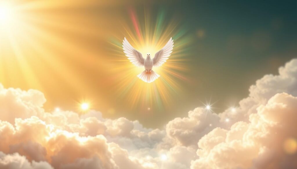 A serene and ethereal scene capturing the seven gifts of the Holy Spirit, depicted as radiant, colorful light streams emanating from a central dove symbolizing the Holy Spirit. In the foreground, softly glowing symbols representing wisdom, understanding, counsel, fortitude, knowledge, piety, and fear of the Lord float gently around the dove. The middle ground features a tranquil setting with soft, flowing clouds and gentle rays of sunlight breaking through, creating a warm, uplifting atmosphere. The background shows a subtle gradient from golden to deep blue, suggesting the connection between heaven and earth. The composition has soft focus, with a slight bokeh effect, enhancing the peaceful mood. The lighting is bright yet gentle, evoking a sense of divine presence and inspiration.