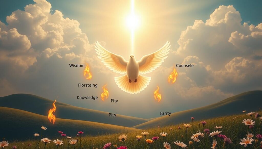 A serene and inspirational depiction of the "Gifts of the Holy Spirit," centered around a glowing dove symbolizing peace and guidance. In the foreground, vibrant flames representing wisdom, understanding, counsel, fortitude, knowledge, piety, and fear of the Lord emanate softly from the dove, intertwining beautifully. The middle ground features a tranquil landscape with gentle hills and blooming flowers, symbolizing growth and renewal. In the background, a radiant light pierces through fluffy clouds, illuminating the scene and creating a sense of divine presence. Use soft, warm lighting to evoke a serene atmosphere, shot from a slightly low angle to enhance the feeling of awe and reverence. There are no human figures to maintain focus on the symbolic gifts.