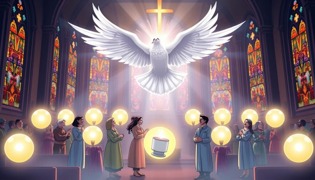 A serene and inspiring depiction of the Gifts of the Holy Spirit, centered around a large, radiant dove symbolizing peace and divine inspiration. In the foreground, include twelve glowing orbs, each representing one of the gifts, such as wisdom, understanding, and courage, emitting soft, ethereal light. In the middle, incorporate stylized depictions of baptism and confirmation, showing a diverse group of individuals in modest attire, joyfully embracing their faith. The background features a luminous church interior with stained glass windows filtering colorful light, creating a warm and inviting atmosphere. Use soft, diffused lighting for a sacred feel, captured from a slightly elevated angle to encompass the participants and the divine elements harmoniously.