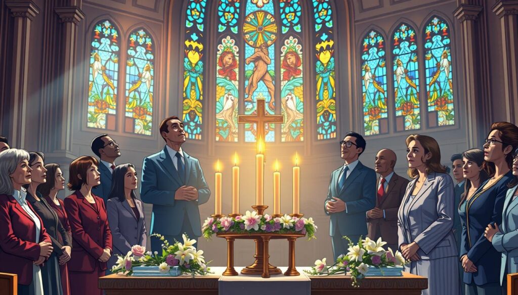 A serene and inspiring depiction of the Seven Gifts of the Holy Spirit, set in a radiant church interior. In the foreground, a beautifully adorned altar with seven candles symbolizing each gift, surrounded by delicate floral arrangements. In the middle ground, a diverse group of individuals of various ages and backgrounds, all dressed in professional business attire, gazing upwards in reverence, embodying wisdom, understanding, counsel, fortitude, knowledge, piety, and fear of the Lord. The background features stained glass windows casting colorful_light patterns, creating an ethereal atmosphere. Soft, warm lighting illuminates the scene, enhancing a sense of peace and spirituality. The angle is slightly elevated, allowing a comprehensive view of both the congregation and the altar, evoking a mood of unity and devotion. A serene and inspiring depiction of the Seven Gifts of the Holy Spirit, set in a radiant church interior. In the foreground, a beautifully adorned altar with seven candles symbolizing each gift, surrounded by delicate floral arrangements. In the middle ground, a diverse group of individuals of various ages and backgrounds, all dressed in professional business attire, gazing upwards in reverence, embodying wisdom, understanding, counsel, fortitude, knowledge, piety, and fear of the Lord. The background features stained glass windows casting colorful_light patterns, creating an ethereal atmosphere. Soft, warm lighting illuminates the scene, enhancing a sense of peace and spirituality. The angle is slightly elevated, allowing a comprehensive view of both the congregation and the altar, evoking a mood of unity and devotion.